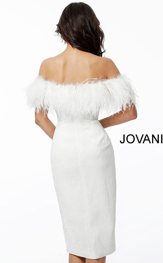 Jovani 67118 White Off the Shoulder Feather Neckline Knee Length Dress 